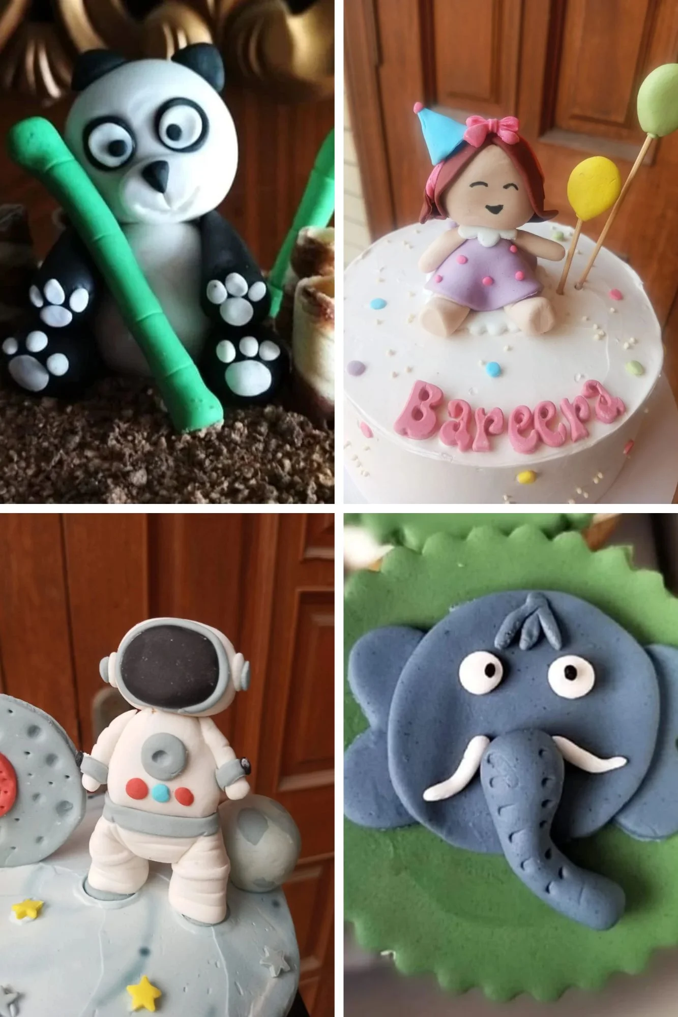 Hand-sculpted fondant figures including a panda, an astronaut and an elephant